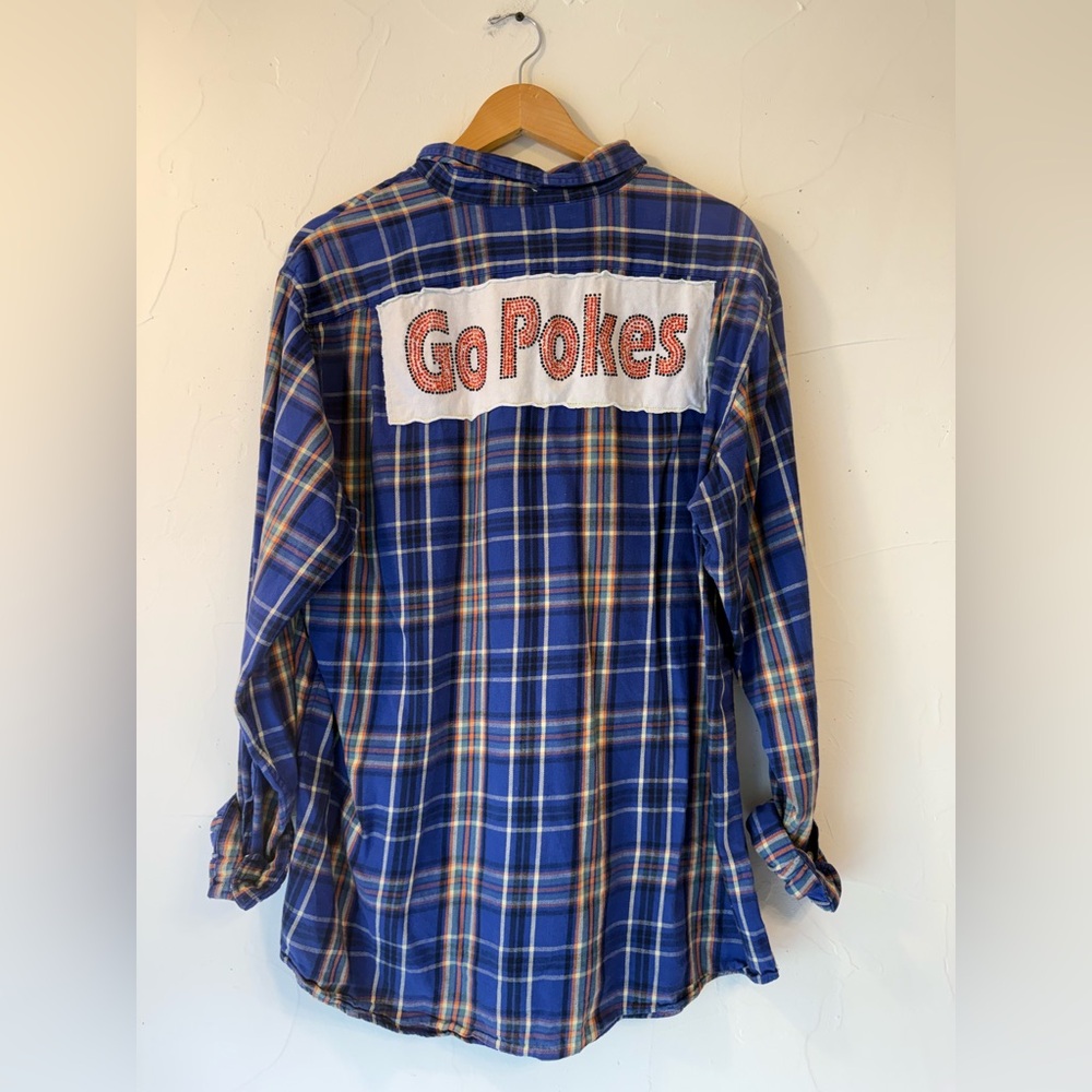 NWT OOAK UPCYCLED OKLAHOMA STATE UNIVERSITY GO POKES TEE & BLUE FLANNEL SZ L